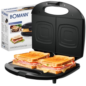 Sandwich Maker Bomann(r) | pentru panouri sandwich patrate | Prajitor de paine sandwich cu acoperire antiaderenta | Prajitor de paine Prajitor de paine cu lampa de copt | Sandwich Maker de pana la 820 W | ST 6074 CB negru - Img 1
