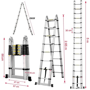 Scara telescopica COOCHEER 5M Scara multifunctionala 2 in 1 pliabila, capacitate de incarcare de pana la 150 kg (2,5 + 2,5 m), Sliber si negru - Img 3
