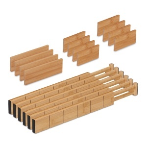 Separator sertar Relaxdays, set 18 piese, lungime ajustabila 43,5-57 cm, bambus