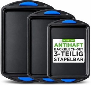 Set 3 Bai Antiaderente NutriChef din Otel Carbon cu Manere din Silicon, Gri, Rezistente la 230C