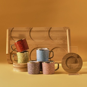 Set 6 Cesti Cafea Karaca Bambus 90 ml cu Suport pentru Cafea Turceasca