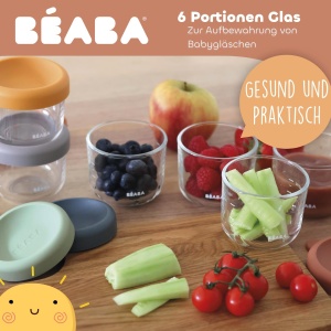 Set 6 recipiente din sticla pentru bebelusi BEABA, 150 ml, rezistente la caldura si frig, design colorat - Img 3