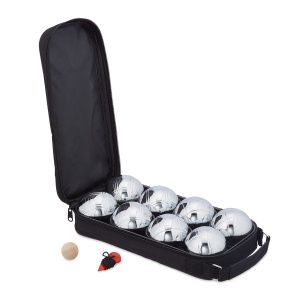 Set Boccia cu 8 Bile Metalice, Relaxdays, Culoare ArgintieNeagra, Geanta Inclusa
