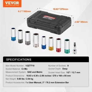 Set Chei Impact VEVOR 12ZTT10 CR-MO 8 Dimensiuni SAE si Metric - Img 7
