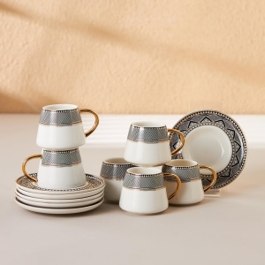 Set de 12 Cani de Cafea KARACA Globe, Porcelan, Design Art Deco, pentru 6 Persoane - Img 10