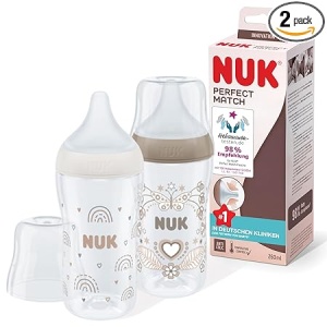 Set de biberoane NUK Perfect Match | De la 3 luni | Se adaptează la bebeluș | Controlul temperaturii | Anti-colici | 260 ml | Fără BPA | Tetină din silicon medie | Curcubeu și inimă | Pachet de 2