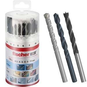 Set de burghie Fischer 18 piese, pentru zidarie, lemn si metal, dimensiuni 3-10 mm