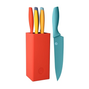 Set de cutite MasterChef cu suport, 5 piese, inox, manere antiderapante, multicolor