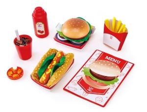 Set de joaca Hape Fastfood cu hamburger hotdog si accesorii pentru copii