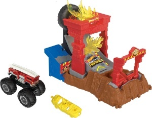 Set de joaca Hot Wheels Monster Trucks 5-Alarm cu camion si masina distrusa