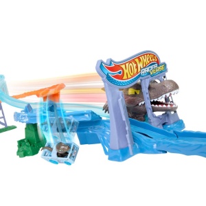 Set de joaca Hot Wheels RacerVerse Jurassic World Crash Splash JFP32 cu Velociraptor Die-Cast si Spinosaurus - Img 2