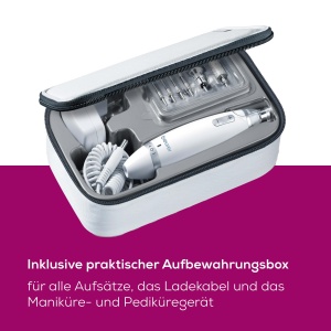 Set de manichiura / pedichiura Beurer MP 62, pila de unghii electrica cu 10 accesorii de ingrijire a unghiilor de inalta calitate, lumina LED, taietor de unghii cu control continuu al vitezei, cu geanta de depozitare, alb - Img 5
