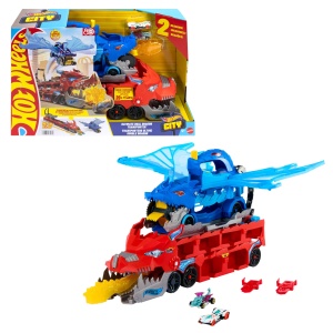 Set de Pista Auto Hot Wheels City JKJ79, Drachentransporter 2-in-1, 2 Masini Incluse