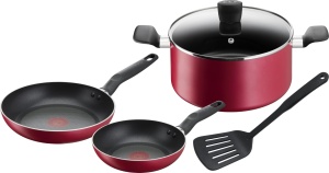 Set de tigai Tefal 5 piese 20/24 + cratita 24 cm + capac + spatula, fara inductie, acoperire antiaderenta, indicator de caldura cu semnal termic, maner ergonomic, Super Cook B460S584