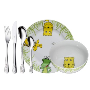 Set de vesela pentru copii WMF Safari 6 piese, vesela pentru copii cu tacamuri pentru copii din otel inoxidabil, de la 3 ani, lustruita cromargan, poate fi spalata in masina de spalat vase