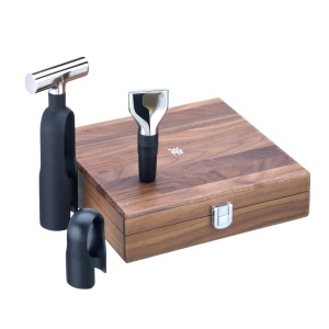 Set de vinuri WMF Baric Sommelier 3 piese, tirbuson, taietor de folie, dop de sticla, in cutie din lemn de nuc, negru
