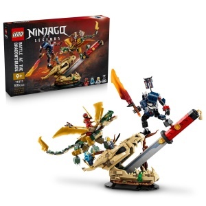 Set LEGO NINJAGO Showdown pe Drachenklinge - 1016 piese, 4 minifigurine, Mech si Dragon