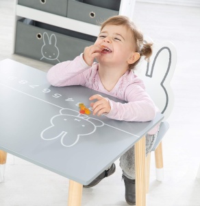 Set mobilier pentru copii Roba Miffy 2 scaune 1 masa MDF gri si alb - Img 7