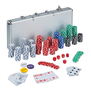 Set Poker Relaxdays cu 500 Fise, 2 Deck-uri Carti, 5 Zaruri, Aluminium - Img 1