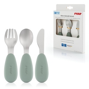 Set tacamuri copii Reer 3 piese inox si silicon design ergonomic verdeargintiu