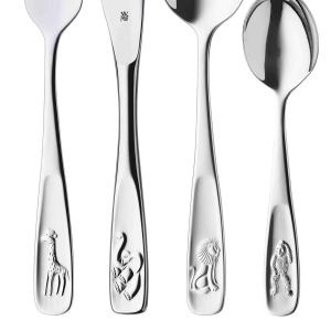 Set tacamuri pentru copii WMF Animals 4 piese, Tacamuri pentru copii din otel inoxidabil, tacamuri copii de la 3 ani, Cromargan lustruit, ambalaj universal - Img 2