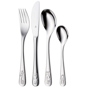 Set tacamuri pentru copii WMF Safari 4 piese, tacamuri din otel inoxidabil pentru copii, tacamuri pentru copii de la 3 ani, Cromargan lustruit, se poate spala in masina de spalat vase, Safari pentru copii, fara gravura