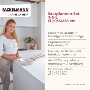 Set tigai Fackelmann x Pamela Reif 3 piese 20-24-28 cm aluminiu reciclat invelis ceramic Pastel-Bej - Img 3