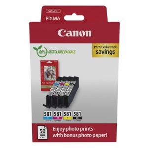 Set Tinte Canon CLI-581 C M Y BK cu Fotopaper 50 Blatt, Original - Img 1