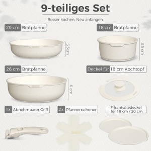 Set vase de gatit YASHE 9 piese Antiaderent Compatibil cu toate tipurile de plite Maner detasabil Alb - Img 2