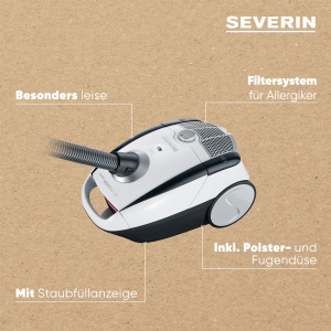 SEVERIN Aspirator S POWER snowlight, aspirator compact pentru covoare si pardoseli dure, aspirator silentios cu sac, 750 W, raza de actiune 8 m, alb, gri, BC 7035 - Img 4