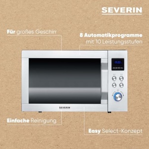 SEVERIN Cuptor cu microunde 3 in 1 cu baza de sticla, functie gratar si aer cald, cuptor cu microunde cu suprafata mare utila pentru vase patrate, negru/otel inoxidabil, MW 7777 - Img 12