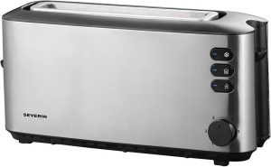 SEVERIN Prajitor de paine automat cu fante lungi, prajitor de paine automat cu atasament pentru chifle, din otel inoxidabil, pentru prajire, dezghetare si incalzire, 1.000 W, otel inoxidabil periat/negru, AT 2515