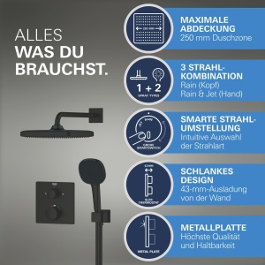 Sistem de dus incastrat GROHE Precision 250 25 cm negru mat cu termostat si functie de economisire a apei - Img 4