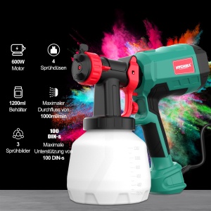 Sistem de pulverizare a vopselei HYCHIKA 600W, pulverizator de vopsea HVLP de 1200 ML, 3 modele de pulverizare, 4 duze si 2 instrumente de curatare, pistol de vopsea reglabil pentru pereti si lemn, metale - Img 5