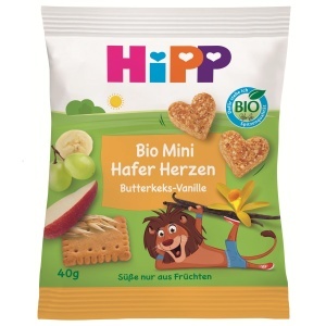 Snack din ovaz HiPP Bio Mini Hafer-Herzen, 12 x 40g, cu fructe, fara arome
