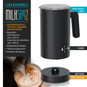 Spumator de lapte electric Arendo MILK SKY2 4 programe 500W 150-300 ml carcasa dubla din otel inoxidabil - Img 2