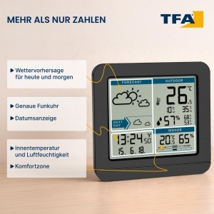 Statie Meteo Digitala TFA Dostmann SKY, cu Senzor Exterior, Negru, 123 x 52 x 117 mm - Img 3
