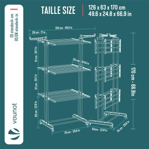 Stativ de rufe VOUNOT 4 etaje, capacitate 30 kg, gri, pliabil cu roti - Img 3