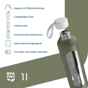 Sticla de apa din borosilicat Wessper D1, 1 litru, cu husa din silicon, fara BPA, culoare olive - Img 2