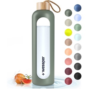 Sticla de apa Wessper 1L din sticla borosilicata, cu husa din silicon, culoare olive