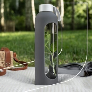Sticla de apa Wessper ActiveMax 1L din sticla borosilicata, gri, cu capac din bambus - Img 5