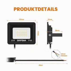 Stralucitor LED 20W GRIFEMA, 2200LM, 6500K, 2 bucati, Negru - Img 2