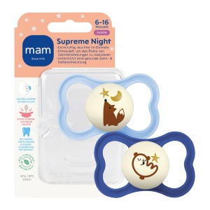 Sucea pentru bebelusi MAM Supreme Night, 6-16 luni, SkinSoft Silicon, 2 bucati