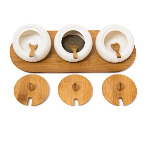 Suport condimente Relaxdays JIAO din ceramica si bambus, 3 borcane, 8.5 x 30.5 x 12 cm - Img 3