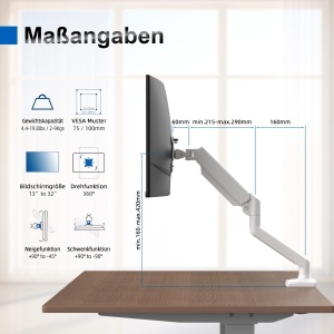 Suport Monitor GRIFEMA, pentru ecrane de 13-32 inch, ajustabil, alb - Img 3