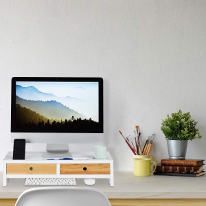 Suport Monitor Relaxdays din Bambus, Ergonomic, 2 Sertare, AlbNatural - Img 2