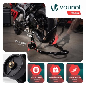 Suport motocicleta VOUNOT cu roti, capacitate 390 kg, ajustabil, negru - Img 5