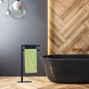 Suport prosoape Relaxdays, 2 stange, otel, 81 x 49 x 20 cm, negru - Img 2