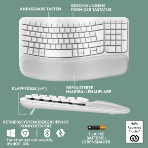 Tastatura ergonomica Logitech Wave Keys, wireless, alba, cu suport pentru incheieturi - Img 6