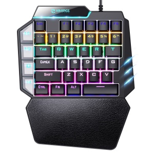 Tastatura mecanica de gaming RGB cu o singura mana Hiwings, comutator albastru, mini tastatura portabila pentru jocuri cu suport pentru incheietura mainii, iluminare curcubeu RGB, 38 de taste, negru